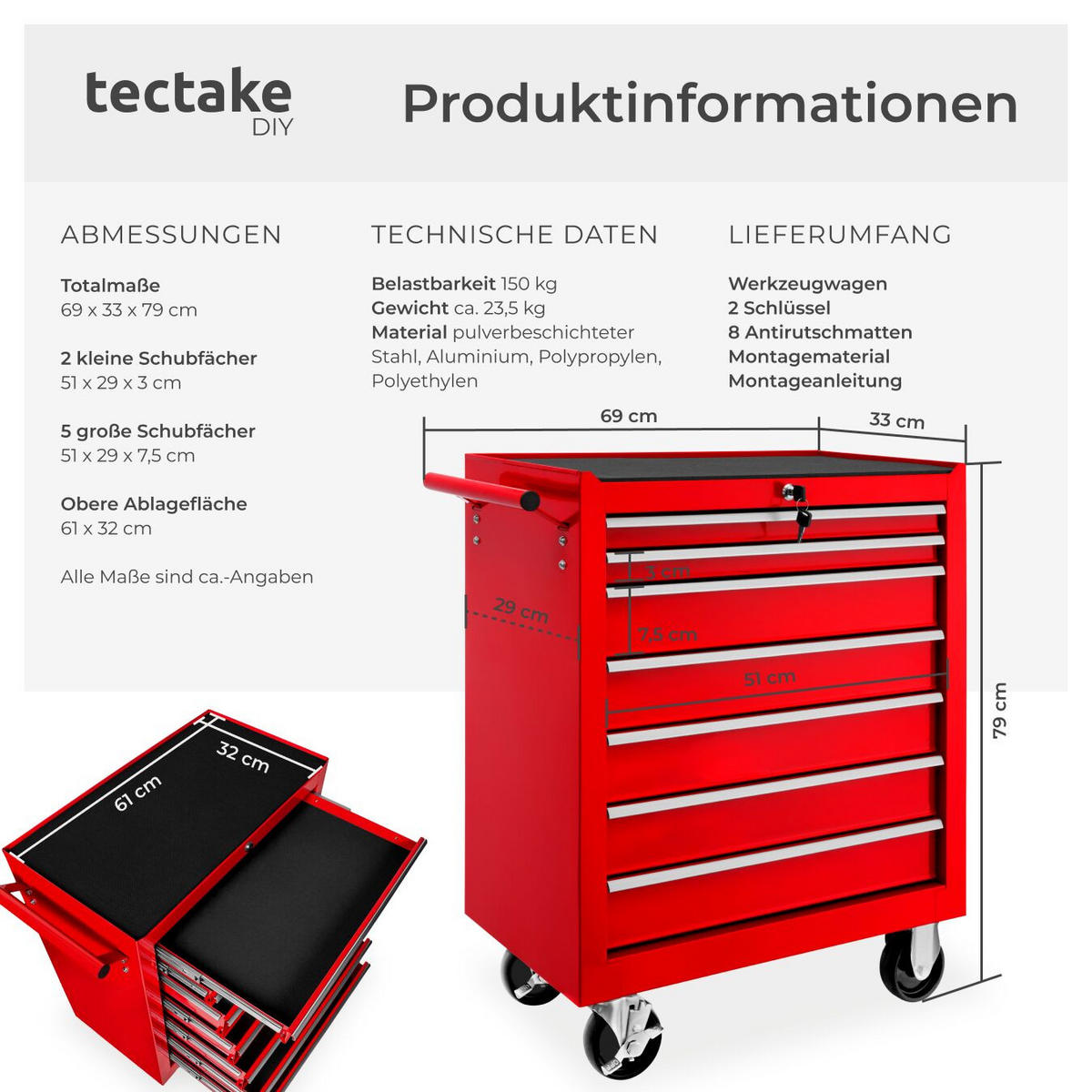 WERKZEUGWAGEN ,Rollen Ø 100 mm,rot - Rot, Metall (33/79/69cm) - tectake