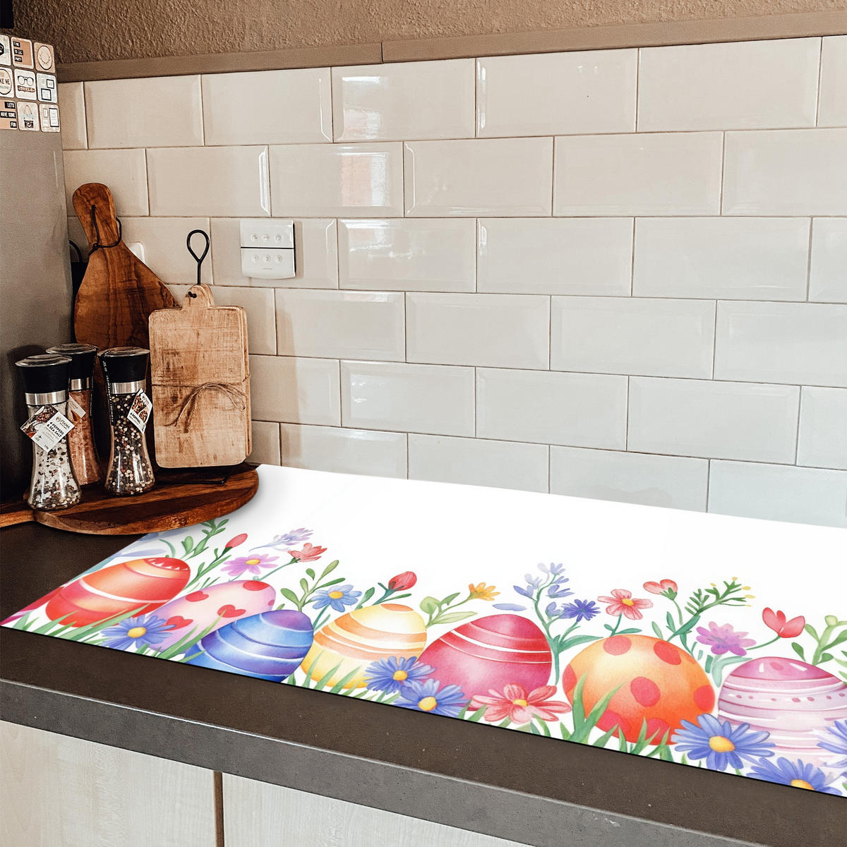 HERDABDECKPLATTE Blumengarten - Bunt - Eier Ceranfeldabdeckung 90x52 cm - Weiß, Kunststoff (90/52/0.2cm) - MuchoWow