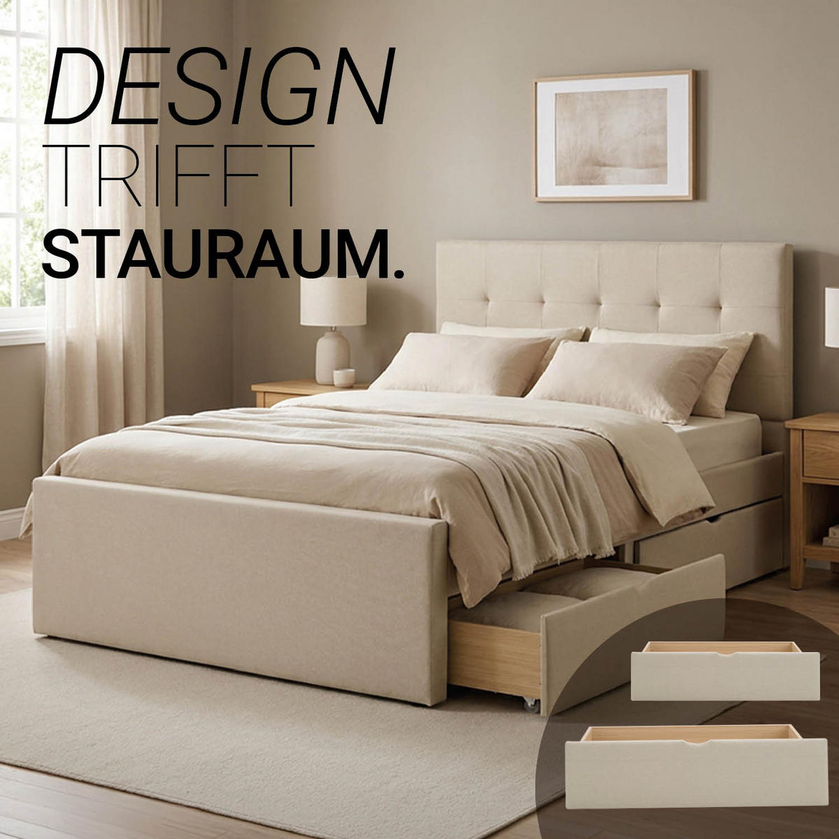 POLSTERBETT mit Stauraum 140/200 cm in Beige + Lattenrost - Anthrazit/Beige, Textil (140/200cm) - Homestyle4u