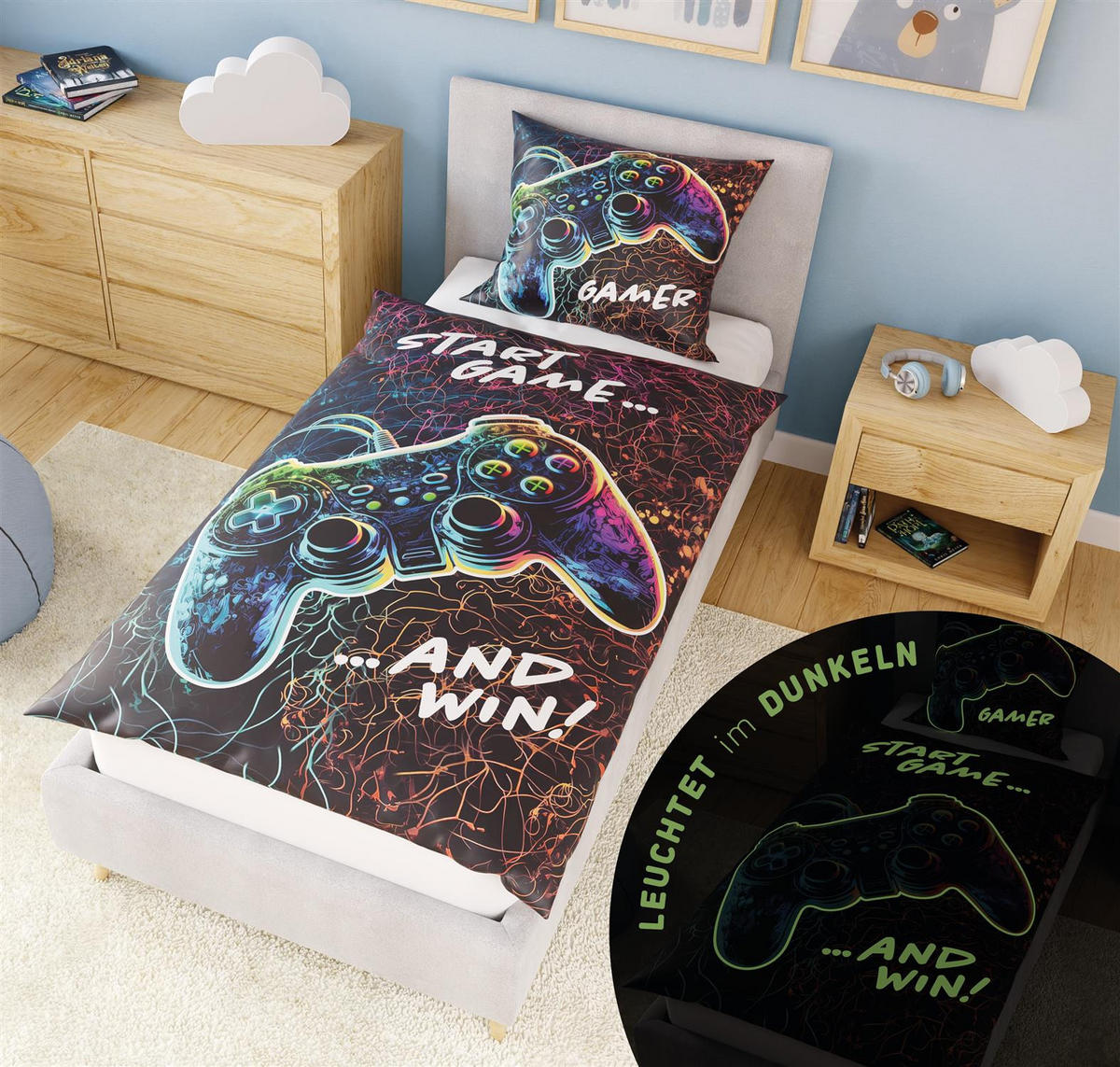 KINDERBETTWÄSCHE 135x200 cm Gamer Gamepad aus 100% Baumwolle - Leuchtet um Dunkeln - Schwarz, Textil (135/200cm) - Carpe Sonno