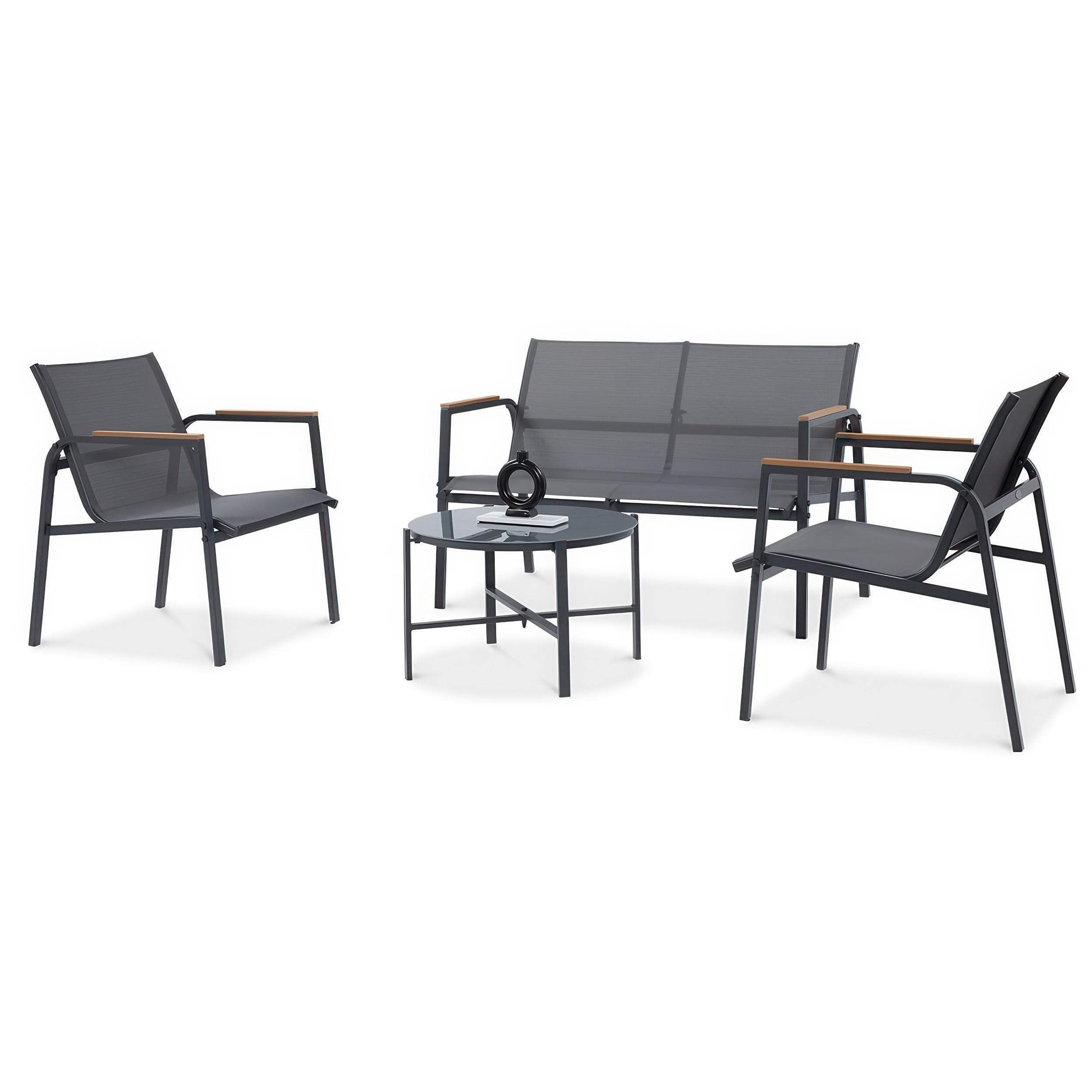 GARTENSET Thaiti, 2-Sitzer-Sofa + 2 Sessel + Couchtisch, Polywood-Armlehnen, Dunkelgrau - Dunkelgrau, Metall - Beautysofa