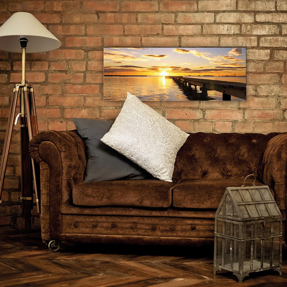 GLASBILD 80x30 cm Steg im Sonnenuntergang - Gelb, Glas (80/30cm) - artissimo