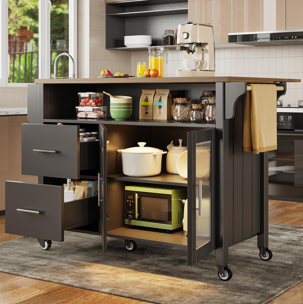 KÜCHENINSEL mit klappbarer Arbeitsplatte 139 x 40/65 x 94 cm Schwarz - Schwarz, Holz (40/94.5/139cm) - Beauniv