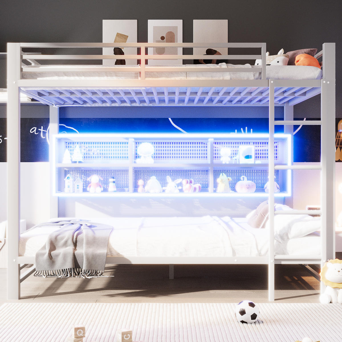 ETAGENBETT 140/200 cm in Weiß mit 6 Schränken und LED - Weiß, Metall (140/200cm) - CHICFURN