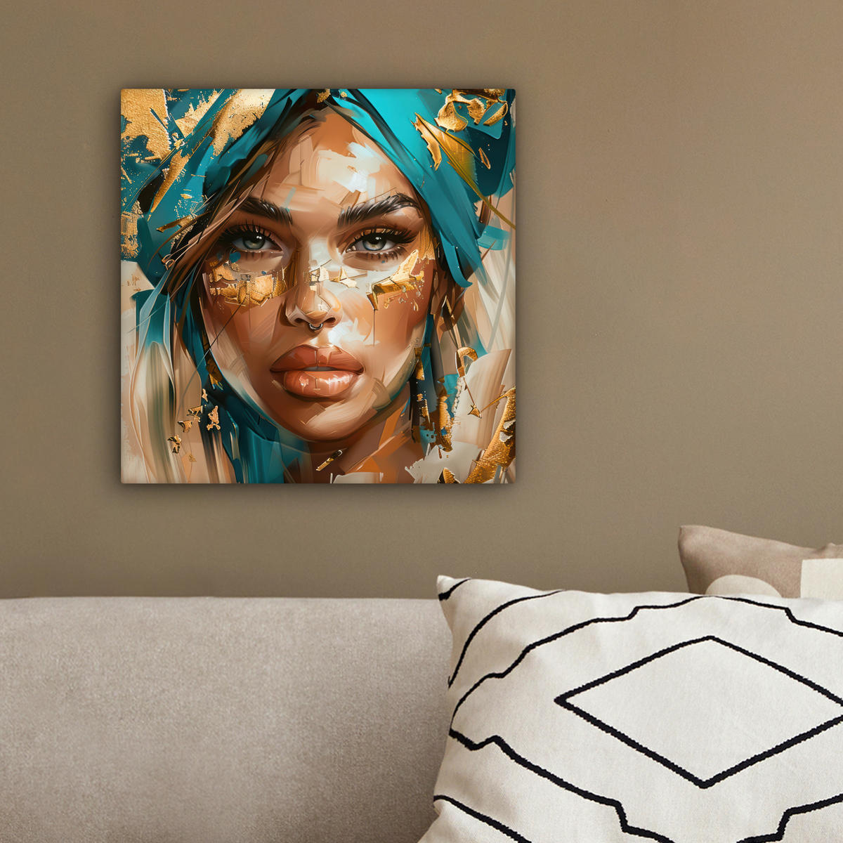 OBRAZ NA PLÁTNE Žena - Portrét - Zlato - Luxus - Modrá 20x20 cm - tyrkysová, textil (20/20cm) - MuchoWow