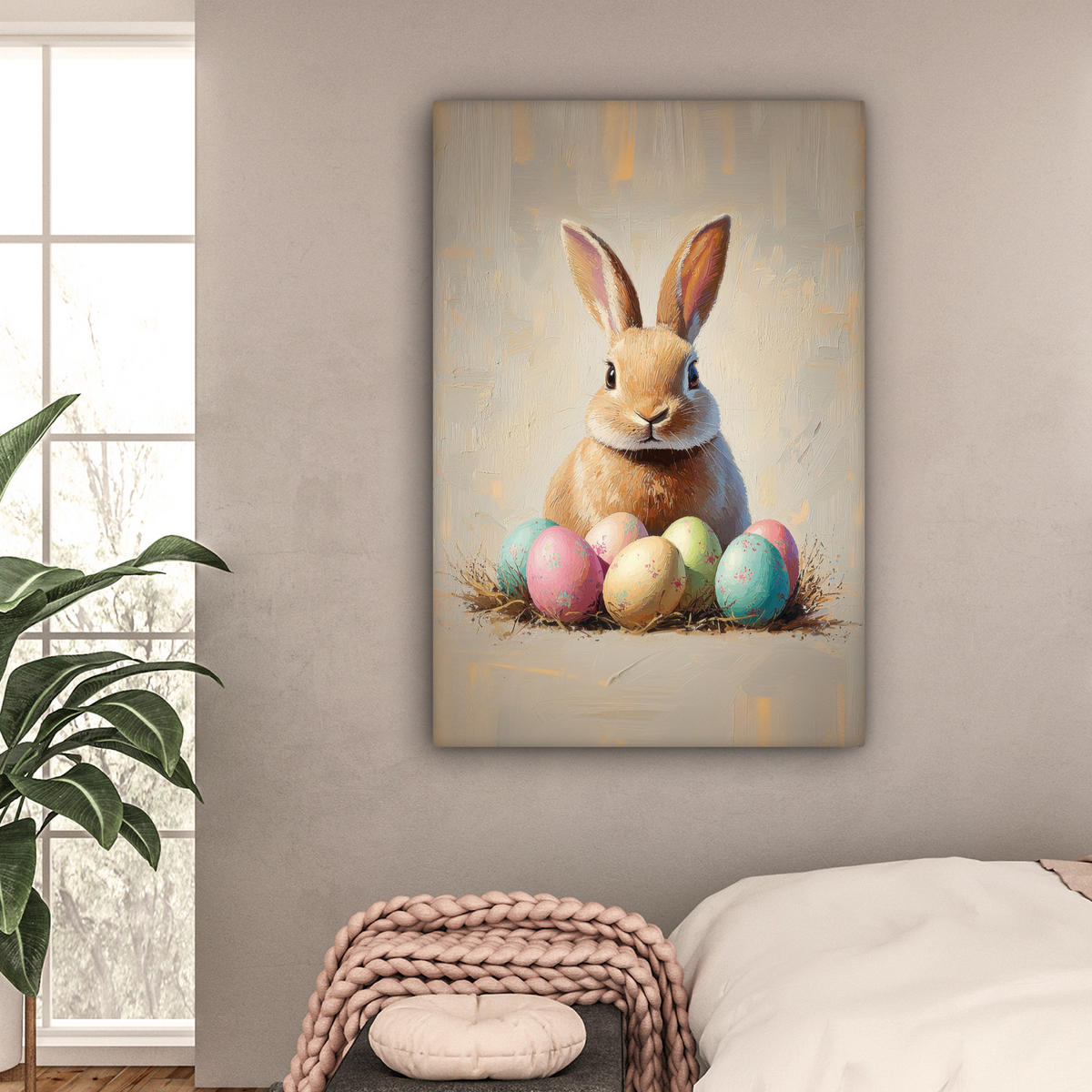 LEINWANDBILD Osterhase - Pastell - Eier Deko Groß 90x140 cm - Beige, Textil (90/140cm) - MuchoWow