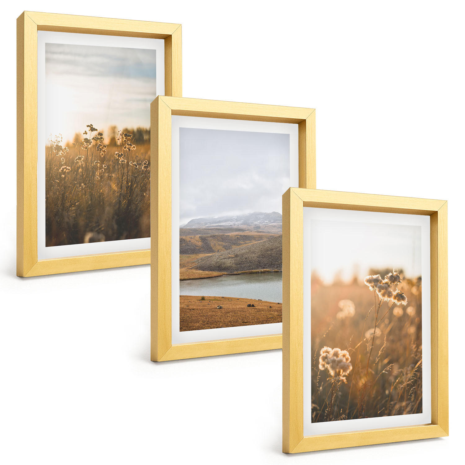 BILDER SET 3er Set - 20x30 cm Goldrahmen - Landschaften Wiesen Berge See - Goldfarben, Kunststoff (20/30cm) - TULUP