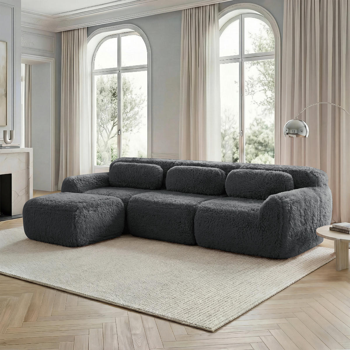 ECKSOFA Plüsch Grau mit Kissen - Grau, Textil (291/179cm) - WISHDOR