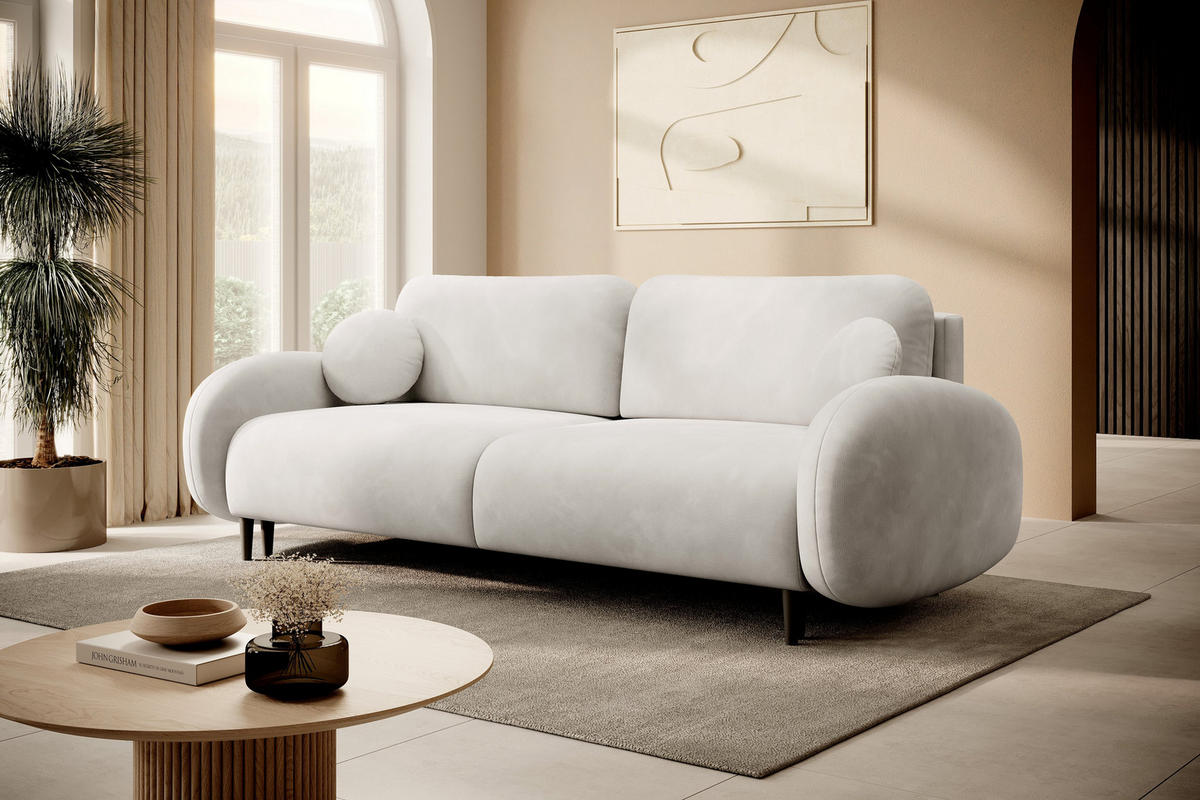BETTSOFA AGIO Creme Velours-Stoff mit Schlaffunktion - Creme, Holz (232/95/109cm) - MASSENO