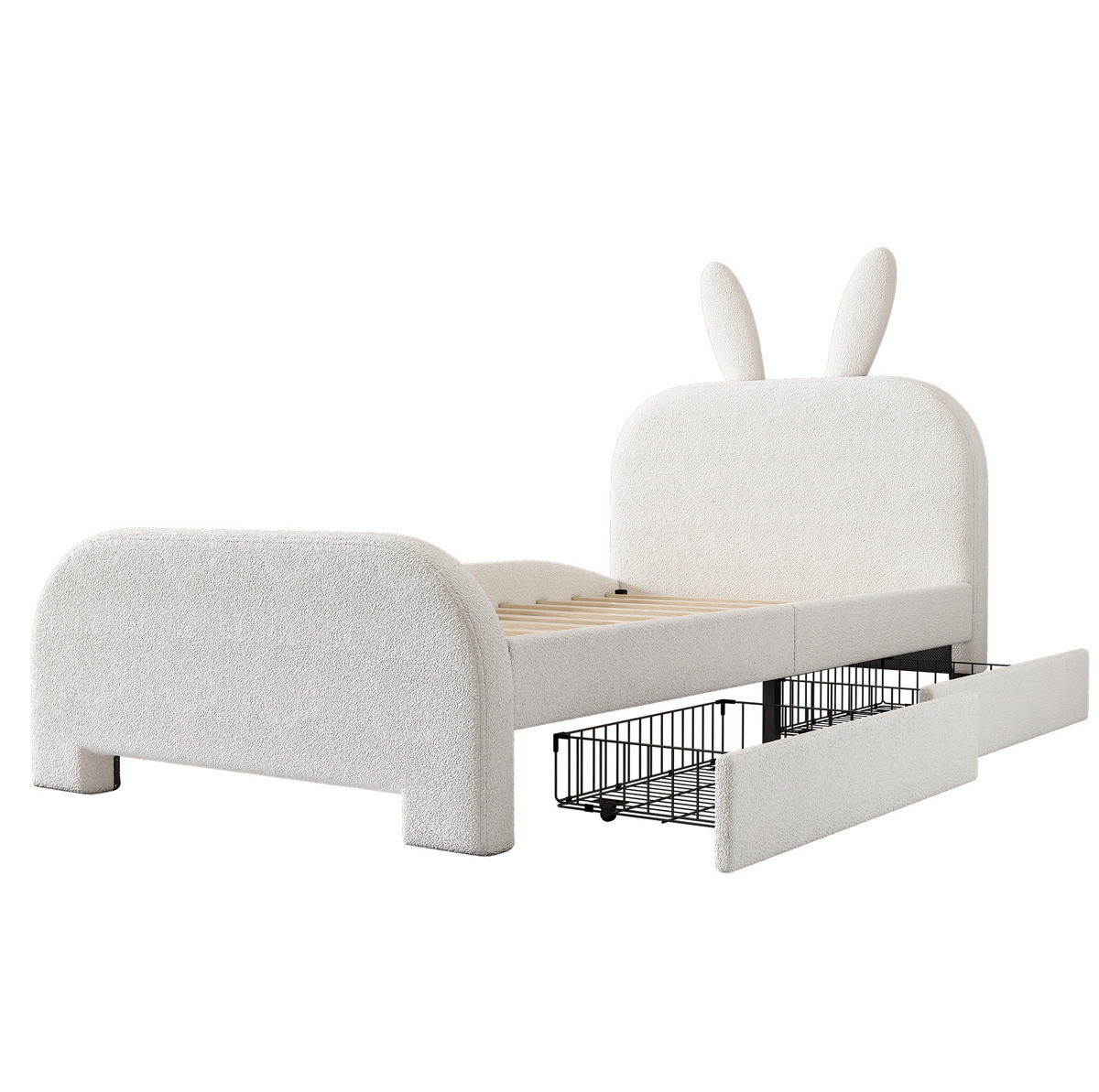 BETT 90/200 cm mit gepolstertem Kaninchen-Kopfteil & 2 Schubladen, inkl. Lattenrost - Weiß, Textil (90/200cm) - BEAOK