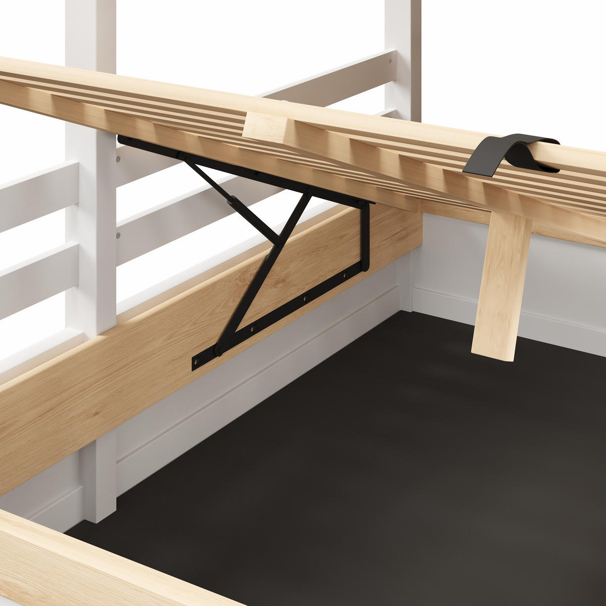 ETAGENBETT 90/140/200 cm DE-33123 mit Hütten-Design und Hydraulik Weiß/Natur - Weiß, Holzwerkstoff (90/200cm) - ComfortXL