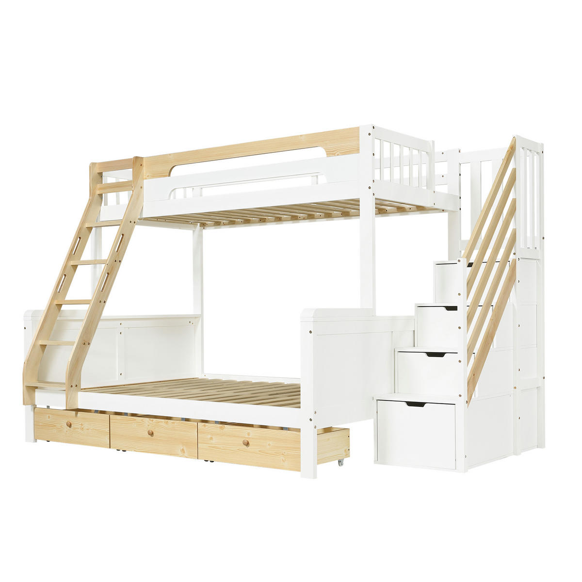 ETAGENBETT 90/140/200 cm mit Stauraumtreppe, DE-41778, in Weiß/Natur - Weiß/Naturfarben, Holzwerkstoff (140/200cm) - ComfortXL