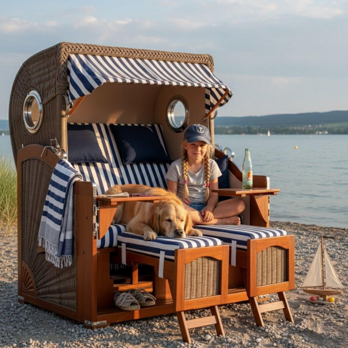 STRANDKORB 2-Sitzer Düne Mahagoni 518 - Blau/Dunkelblau, Holz (125/170/80cm) - Mr. Deko
