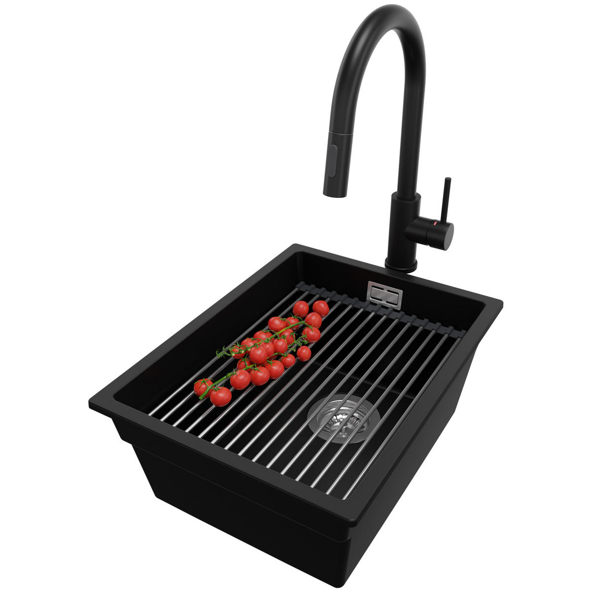 UNTERBAUSPÜLE GRANIT Praga, 2-er set Schwarz 36/47 cm 1 Becken + Küchenarmatur 40/20 cm + Ablauf-Set + Aufrollbare Abtropffläche ab 40er Unterschrank - Chromfarben/Schwarz, Kunststoff (36/20/47cm) - Primagran