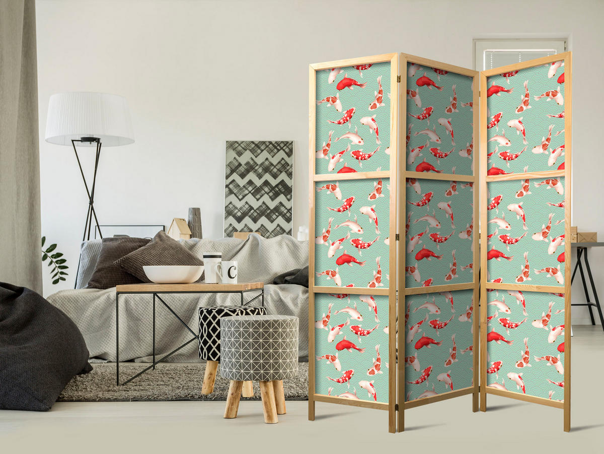 PARAVENT Japanischer 3-tlg 135x172 cm Koi-Fische - Grün, Holz/Textil (135/172/3cm) - Muralo