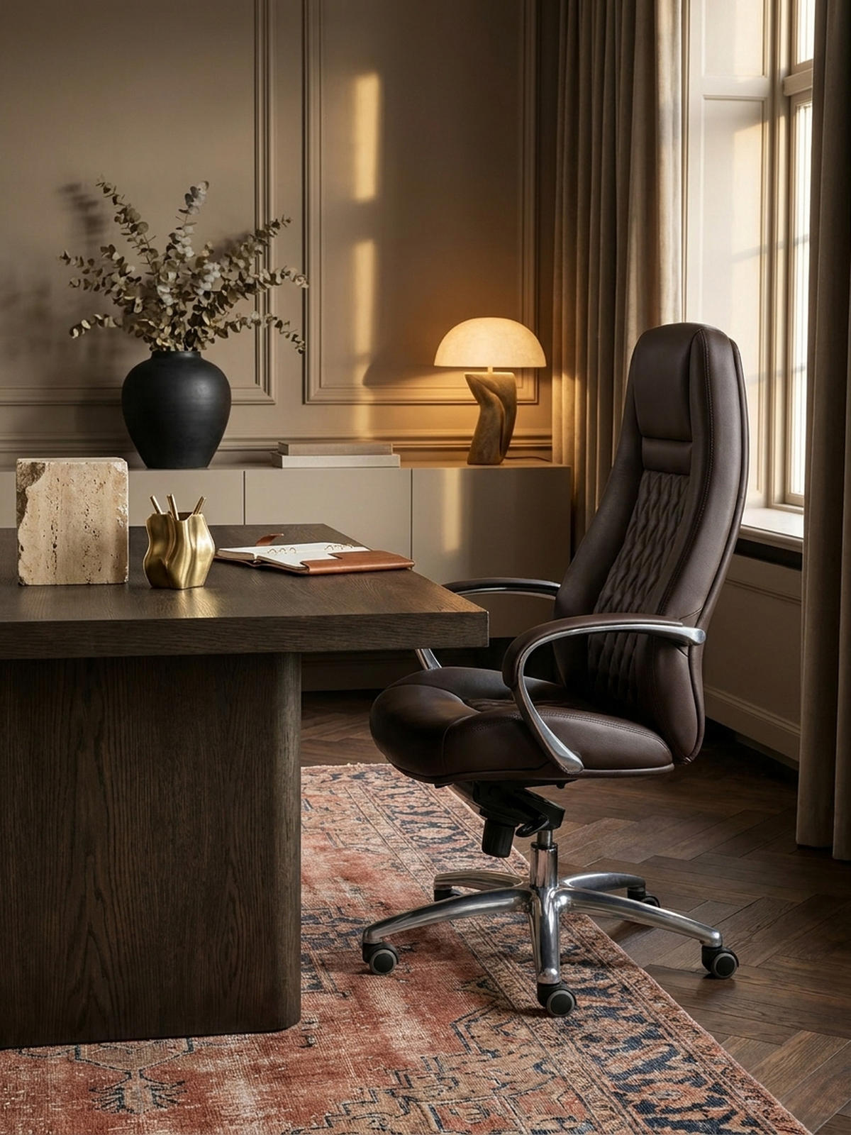 CHEFSESSEL Echtleder mit Aluminiumfußkreuz und ergonomischer Sitzform MADRID, Braun 70x68x130 cm - Silberfarben/Braun, Leder/Metall (70/130/68cm) - KADIMA DESIGN