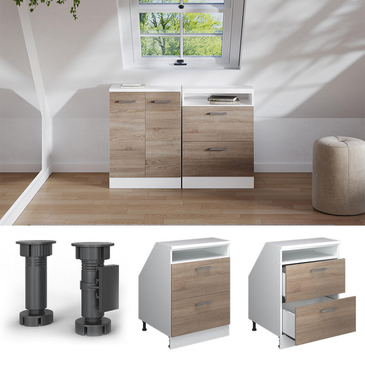 ŠIKMÁ SKRIŇA Rion Sonoma 60 x 81.6 cm s 2 zásuvkami, korpus skrine hĺbka 60 cm - biela/dub sonoma, kompozitné drevo (60/83.8/60cm) - Vicco