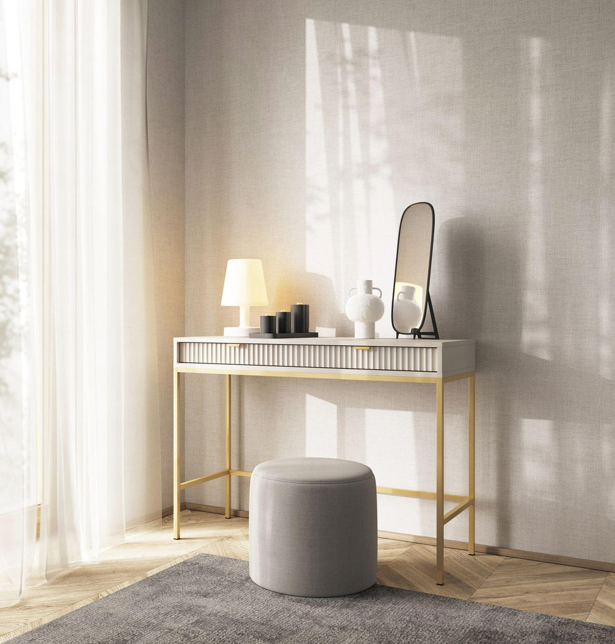 SCHMINKTISCH Vellore Greige / Gold 104 cm - Ecru/Beige, Holzwerkstoff/Metall (50/104/77cm) - Selsey