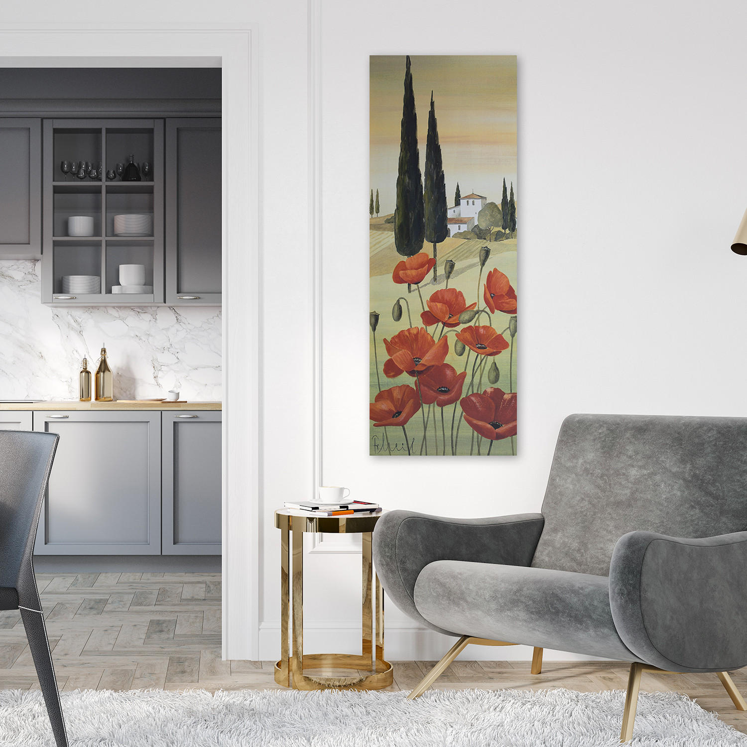 WANDBILD toskanische landschaft mit mohnblumen - Rot, Textil (30/90cm) - Feeby