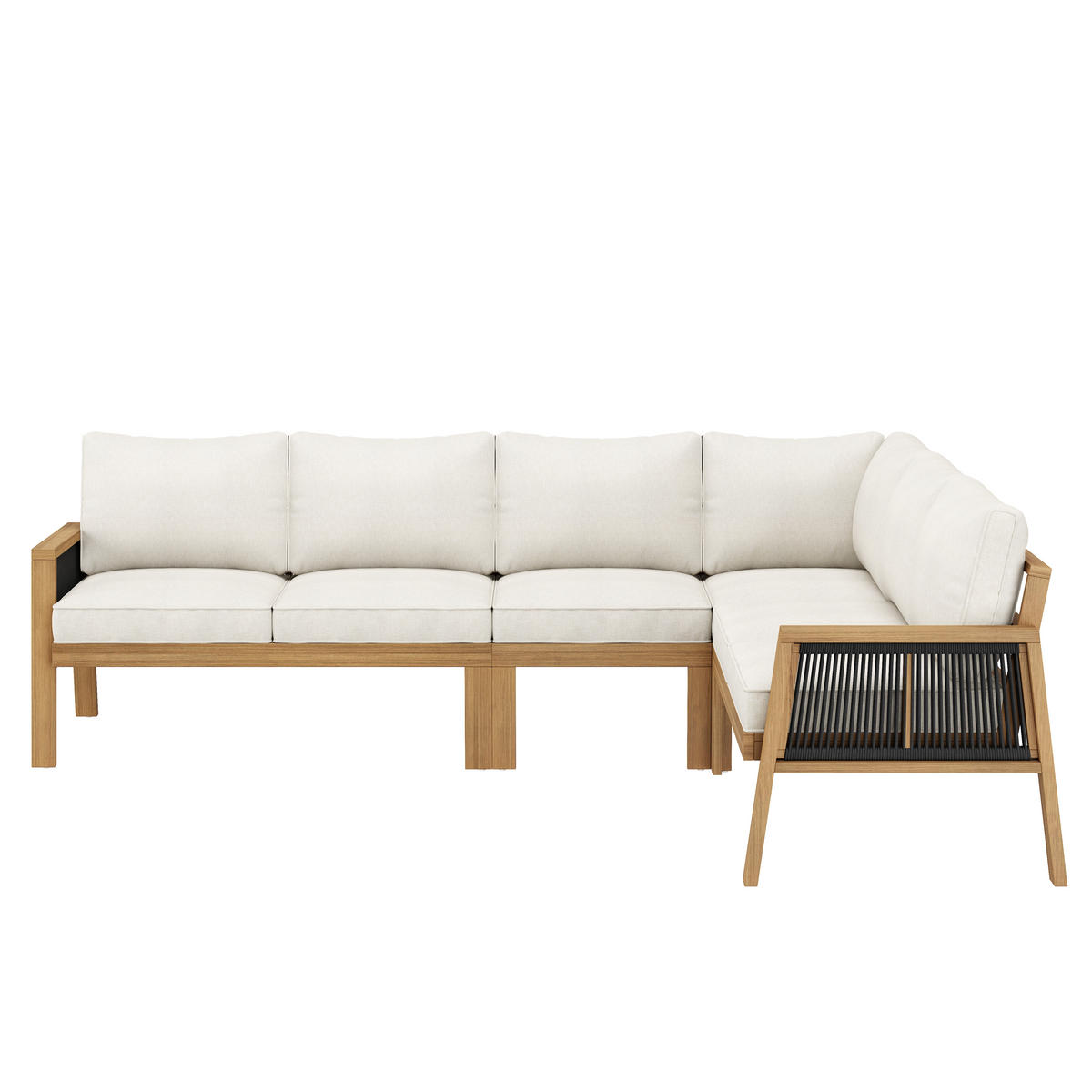GARTENMÖBEL-SET, Ecksofa + Couchtisch, Akazienrahmen, Akazientischplatte, geflochtenes Seilhandwerk, geeignet für den Garten, Natur + creme - Creme, Textil - FLIEKS