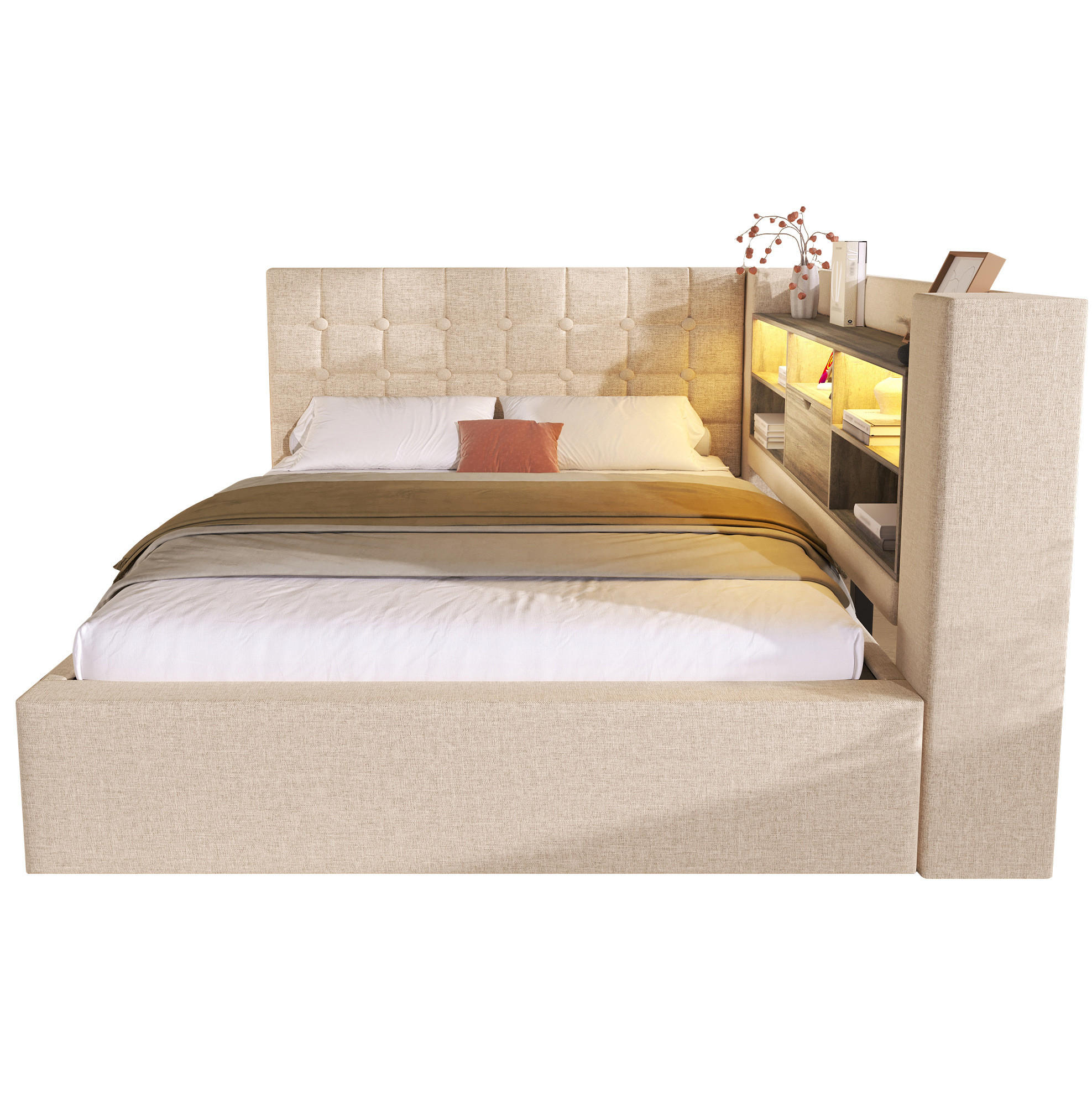 POLSTERBETT mit Stauraum 140x200 cm Leinen Beige inkl. Matratze - Beige, Metall (140/200cm) - Meubliv
