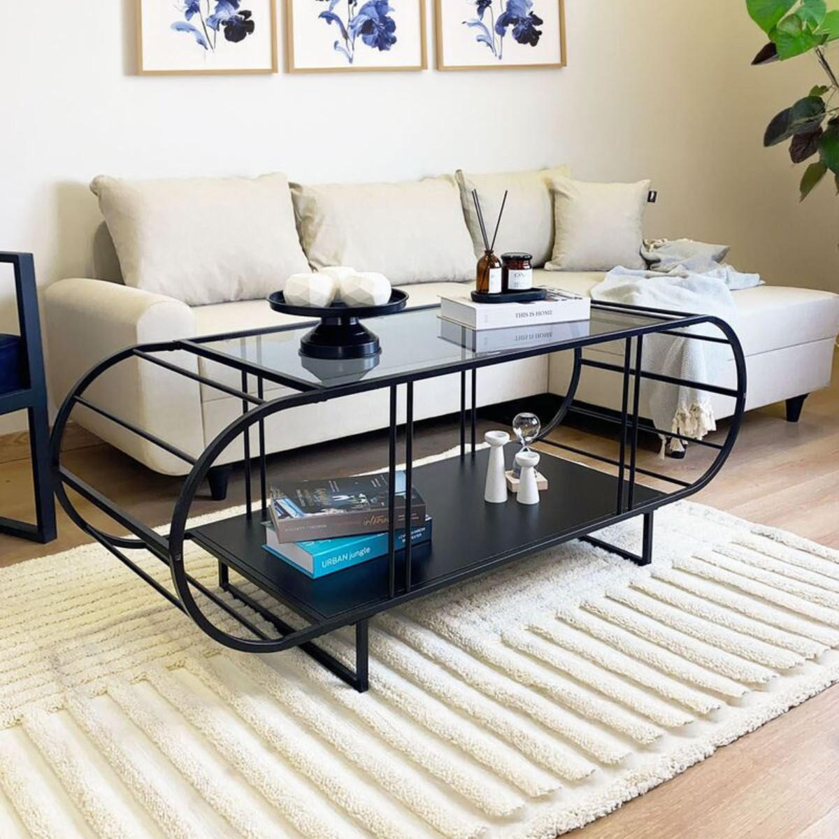 COUCHTISCH mit glasplatte, metall und atlantik-kiefer-optik 50/145/47 cm - Schwarz, Holzwerkstoff (13/50/47cm) - Calicosy