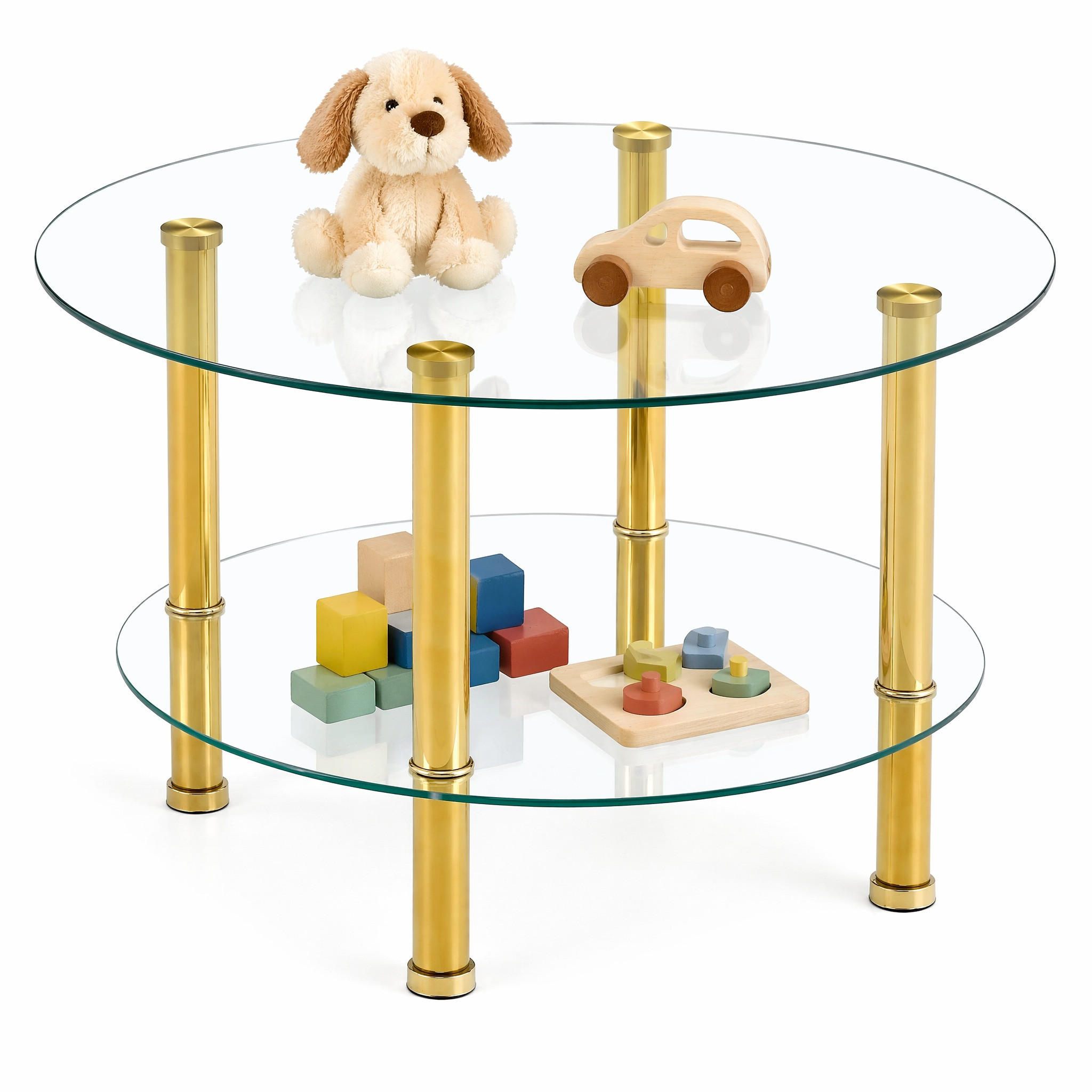COUCHTISCH in Gold zweistufiger Glascouchtisch mit leichtem Luxusdesign für Wohnzimmer, B70/T70/H42 cm - Transparent/Goldfarben, Glas/Holzwerkstoff (70/70/42cm) - STILVORA