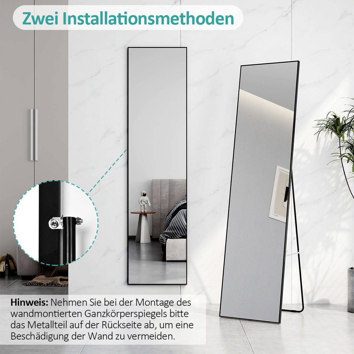 STANDSPIEGEL Wandmontage oder Freistehend, Schwarz 160/40/2 cm - Schwarz, Glas/Metall (40/160/160cm) - EMKE