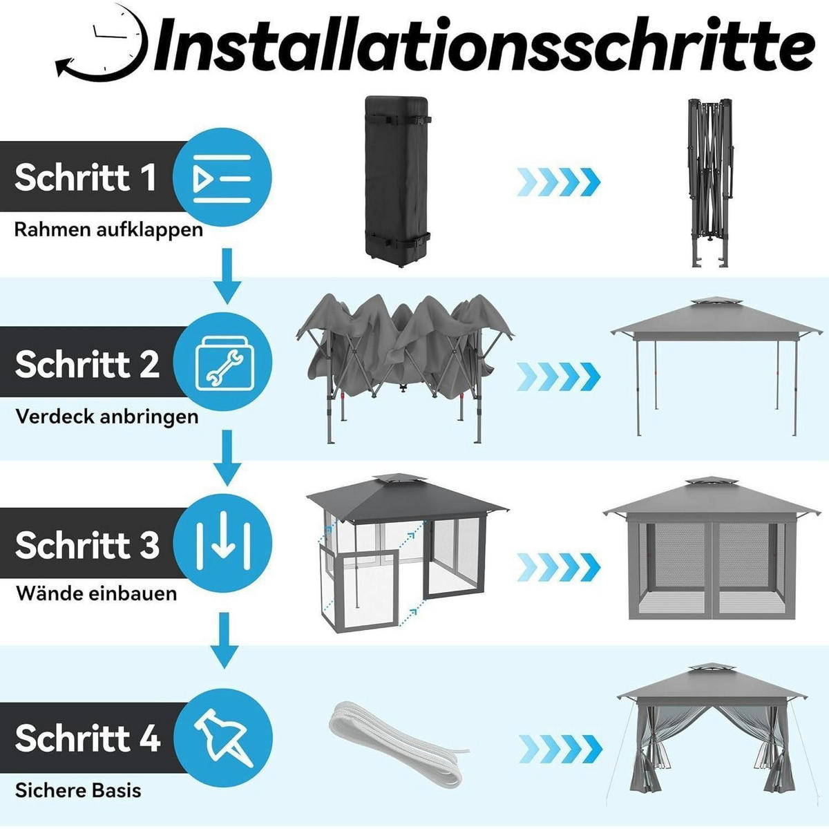 GARTENPAVILLON Pop Up 4x4m Grau mit Moskitonetz - Grau, Metall (400/285/400cm)