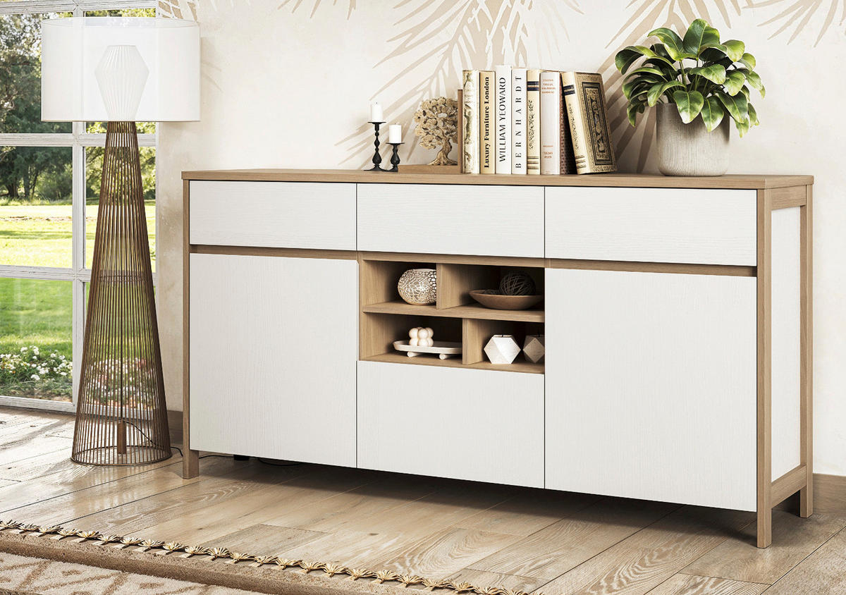 SIDEBOARD weiß und Eiche, Kommode skandinavisch 164 cm mit Soft-Close, Finnes - Eichefarben/Weiß, Holzwerkstoff/Metall (164/85/39cm) - Furn.Design