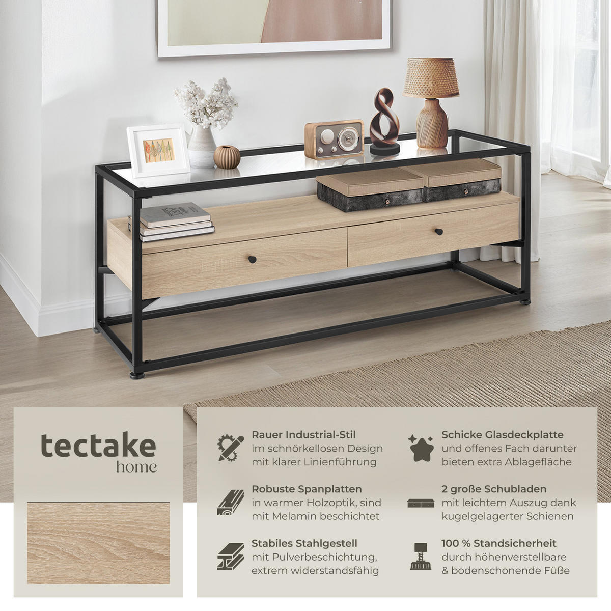 LOWBOARD Maidenhead,121,5 x 41,5 x 50,5 cm,Industrial Holz hell, Eiche Sonoma - Naturfarben, Holzwerkstoff (41.5/50.5/121.5cm) - tectake