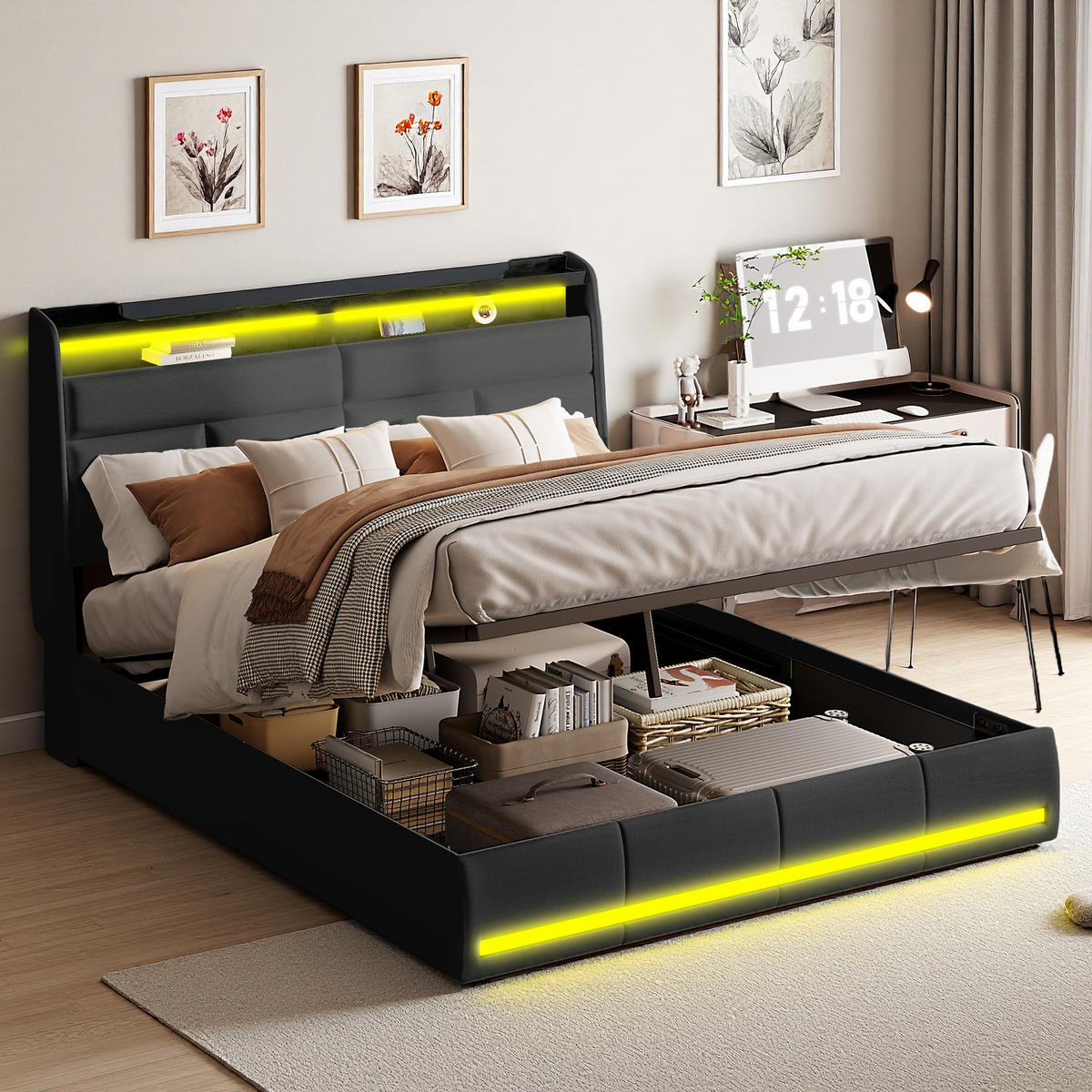 POLSTERBETT 160x200 cm Stauraum LED Lattenrost PU Leder schwarz - Schwarz, Holz (160/200cm) - LEBENLANG