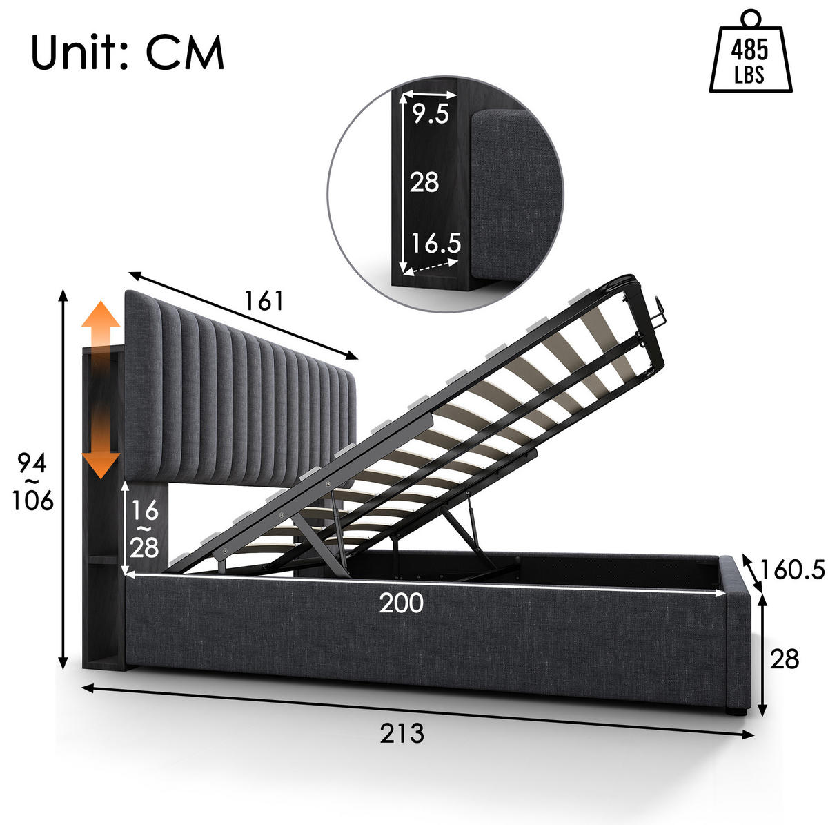 ČALÚNENÁ posteľ z ľanu 160/200 cm sivá s LED čelom, USB a úložným priestorom - sivá, textil (160/200cm) - BEAOK