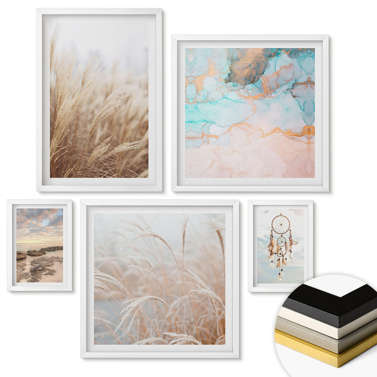 WANDBILDER 5er-Set - 50x50 cm & 20x30 cm & 40x60 cm Weißer Rahmen - Strand, Boot, Muscheln, Gras, Boho-Stil - Weiß, Kunststoff (40/60cm) - ArtPrintCave
