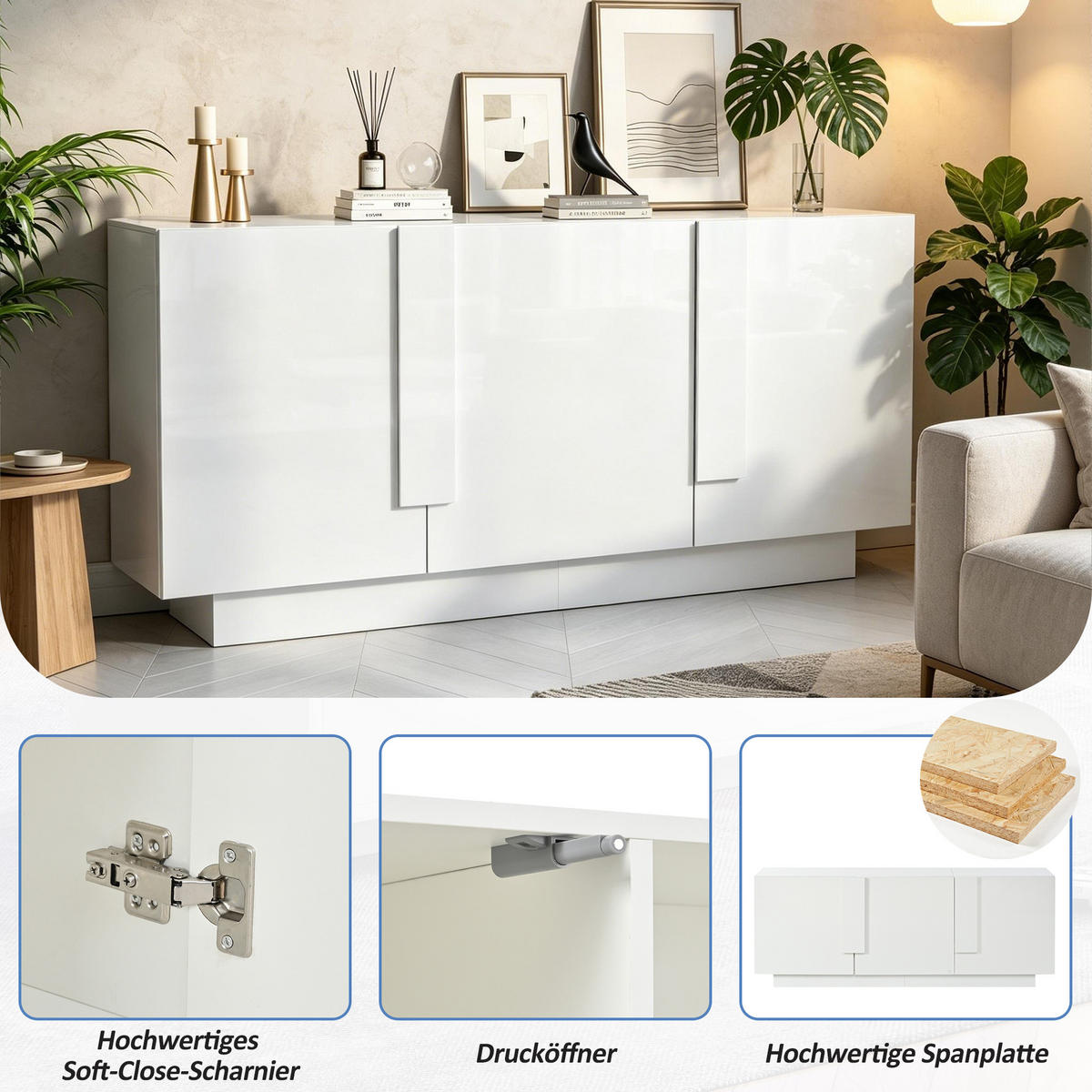 SIDEBOARD Weiß Hochglanz 3 Türen 6 Fächer 160cm Modern - Weiß, Holzwerkstoff (35/60/160cm) - FLIEKS