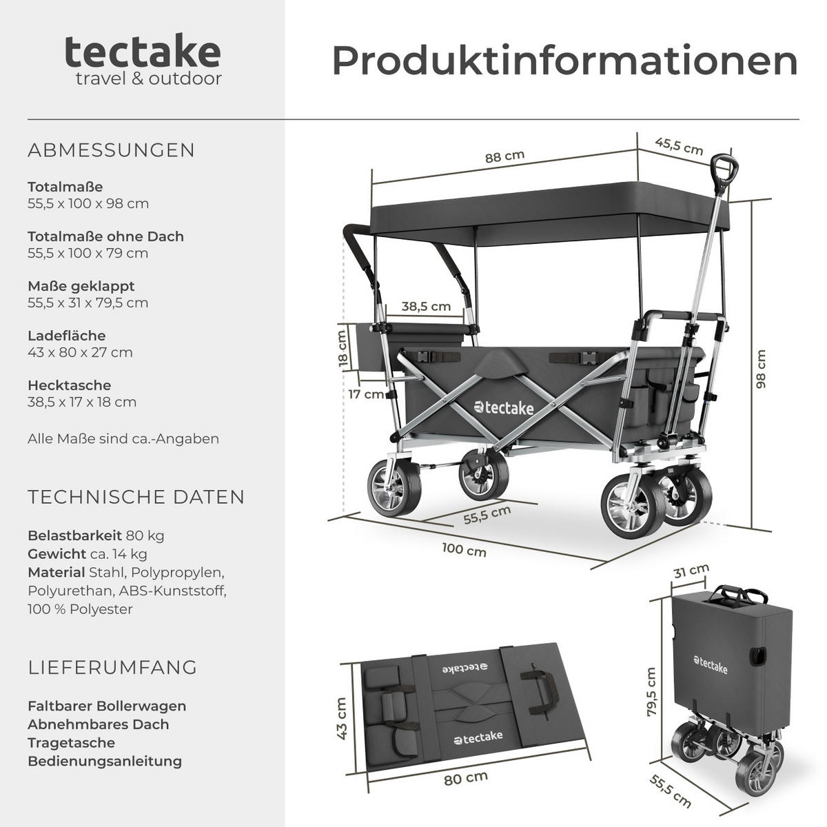 BOLLERWAGEN Nico, inklusive Tragetasche, Belastbarkeit 80 kg, grau - Grau, Metall (55.5/98/100cm) - tectake