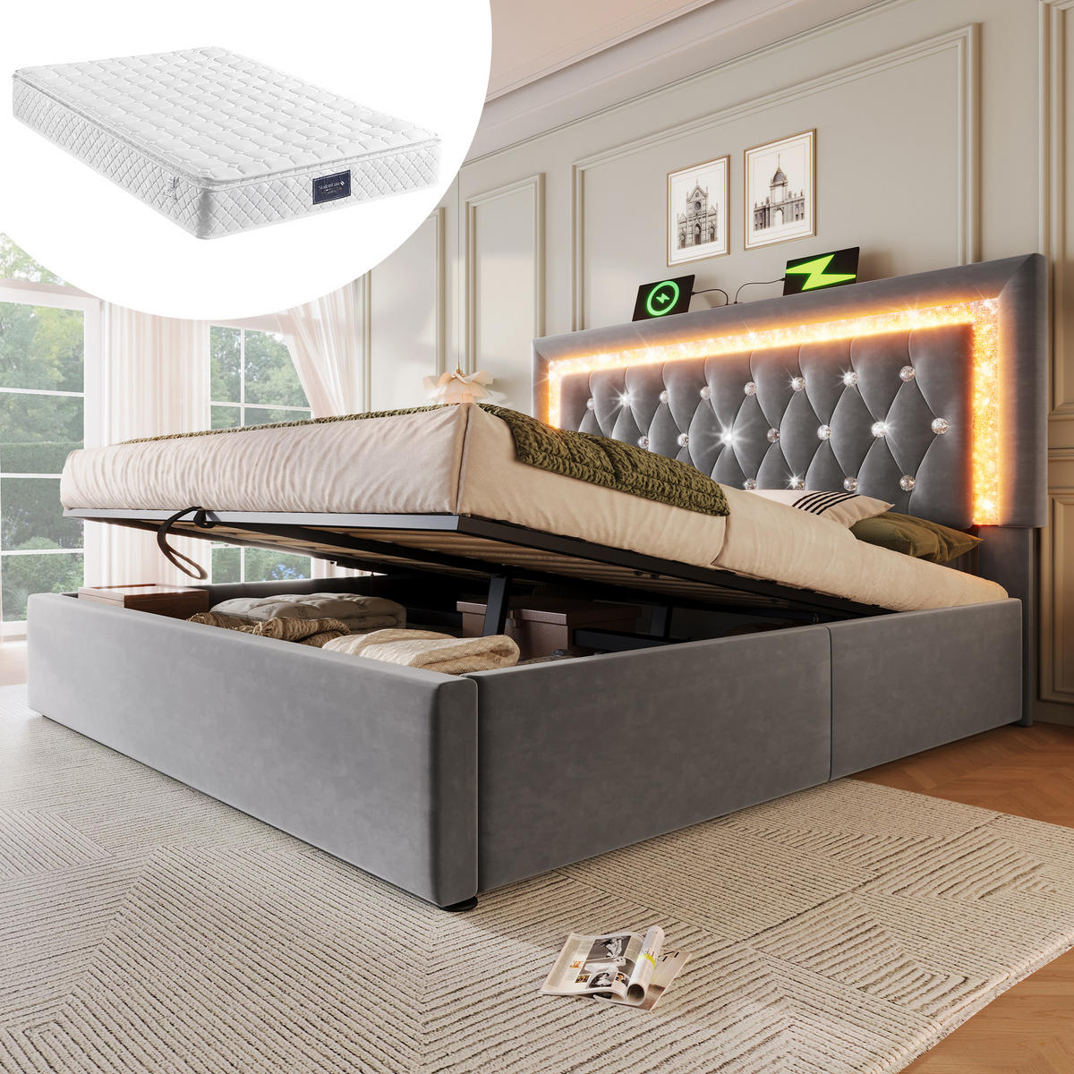 POLSTERBETT 160/200 cm in Grau Samt mit Bettkasten, LED, USB und Type-C - Grau, Holzwerkstoff/Textil (160/200cm) - WISHDOR