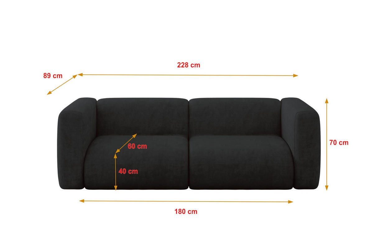 MODULARES Sofa 2-SITZER MIRA-S1 228x89x70 Schwarz cm Velours - Anthrazit/Schwarz, Holzwerkstoff/Kunststoff (228/70/89cm) - ALTDECOR
