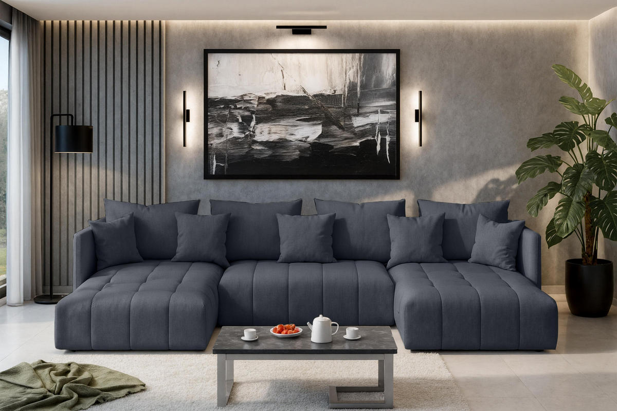 WOHNLANDSCHAFT Veliro U Grau 353/180/83 cm mit Schlaffunktion und Bettkasten - Dunkelgrau/Schwarz, Kunststoff/Textil (353/83/180cm) - AX Living