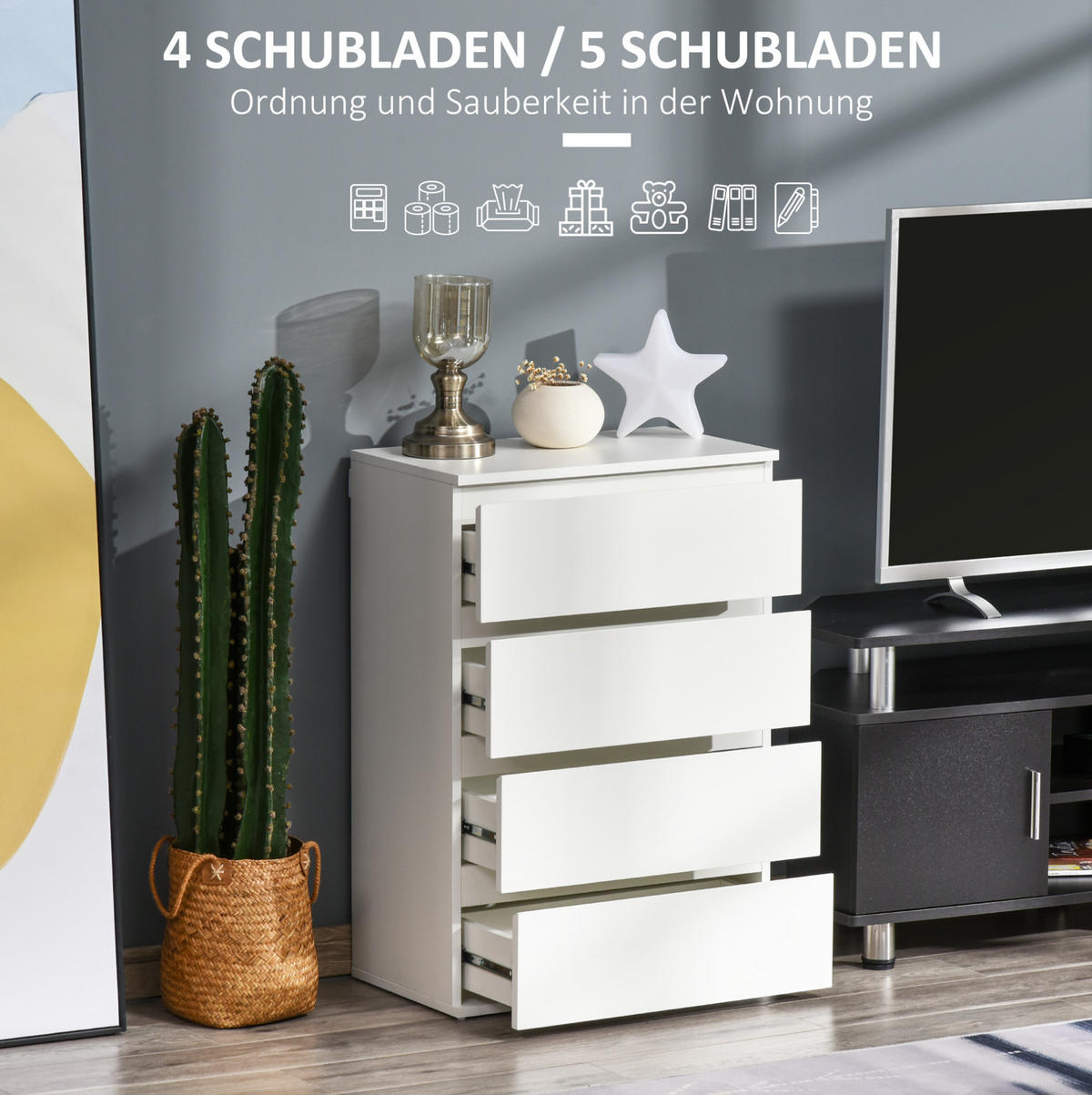 KOMMODE 55/33/80 cm mit 4 Schubladen, gedämpften Metallschienen und Kippsicherung, Weiß - Weiß, Holzwerkstoff (55/80/33cm) - Redom