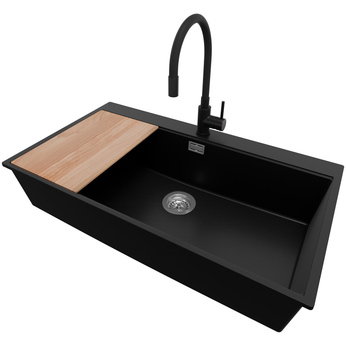 GRANITSPÜLE Oslo, 2-er set Schwarz 88/50 cm 1 Becken + Küchenarmatur 40/38 cm + Ablauf-Set + Schneidebrett ab 90er Unterschrank - Chromfarben/Beige, Kunststoff (88/20/50cm) - Primagran