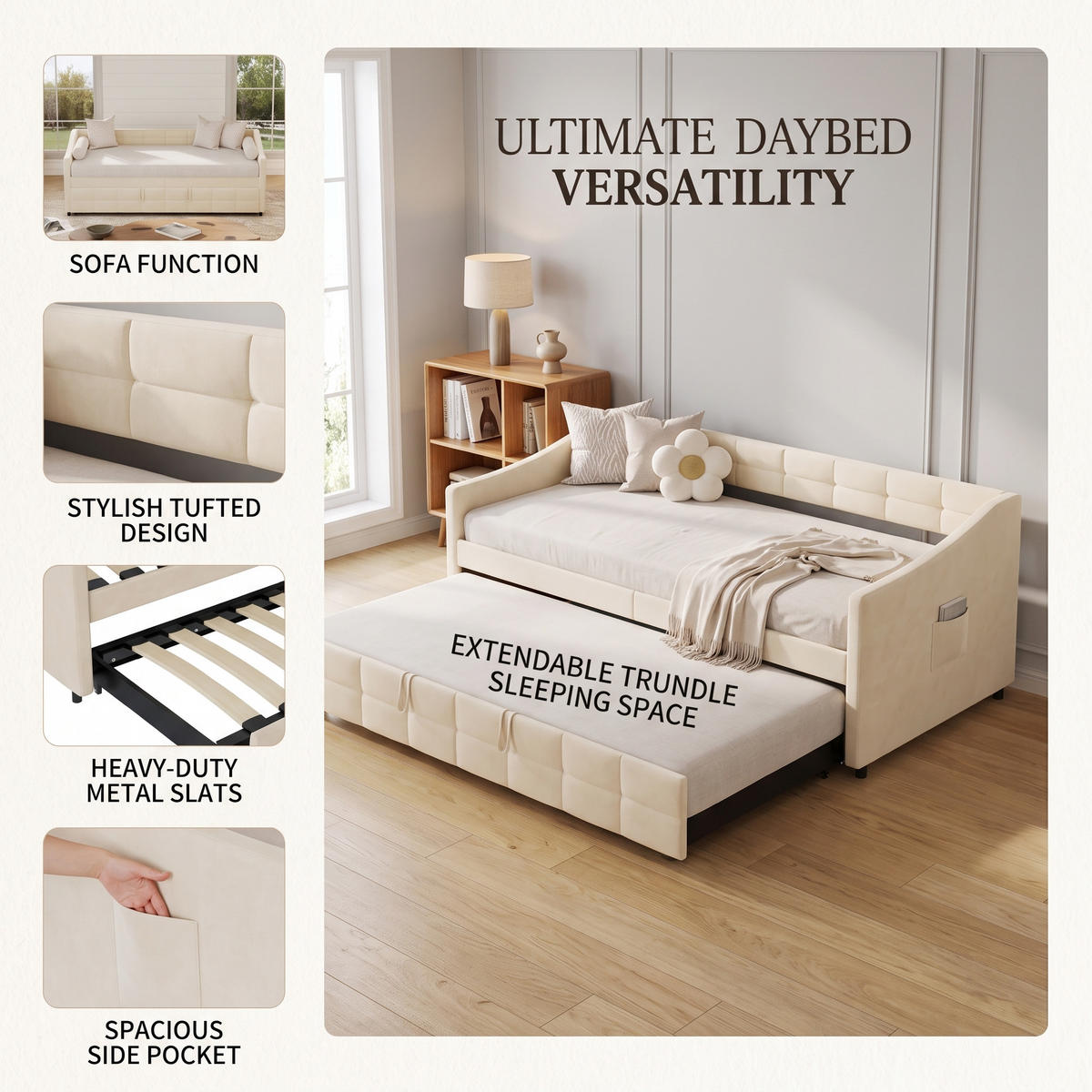 POLSTERBETT Tagesbett 90/200 cm erweiterbar auf 180/200 cm Samtoptik Creme - Beige, Textil (90/200cm) - Creahappy