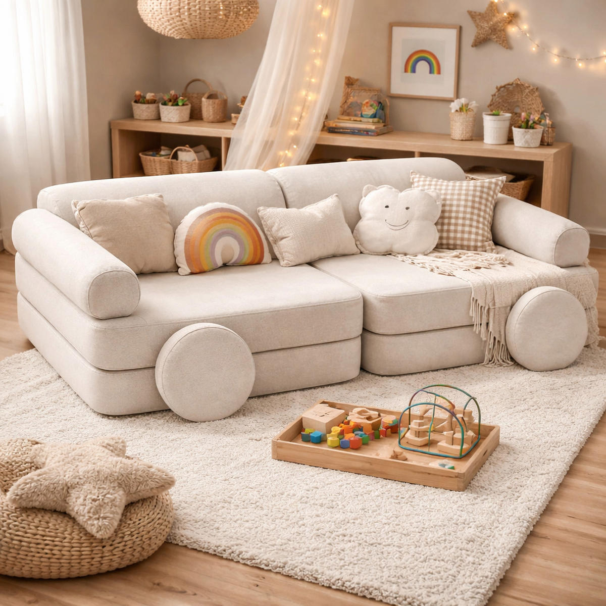 MODULARES Kindersofa aus Schaumstoff – weiches 4-in-1 Spielsofa für Kinderzimmer - Beige, Textil (160/50/76cm) - Bees & Blooms