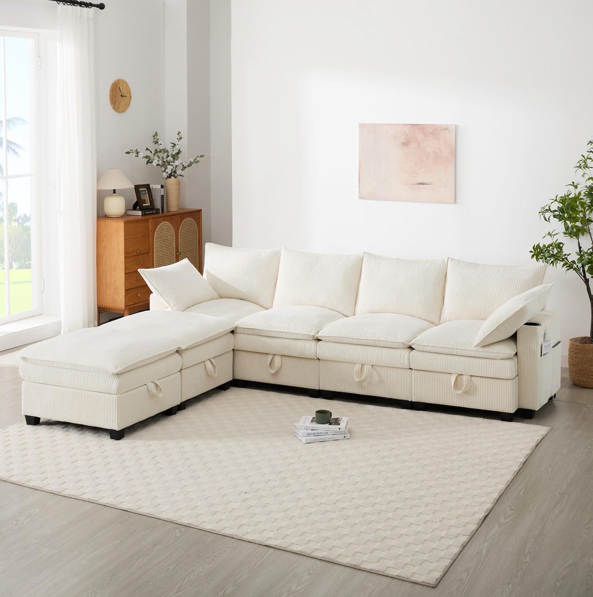 WOHNLANDSCHAFT aus Cord 280x151x82 cm Beige mit USB-Anschlüssen, Stauraum, Getränkehaltern und 2 Fußhockern - Beige, Textil (152/83/280cm) - Modfu