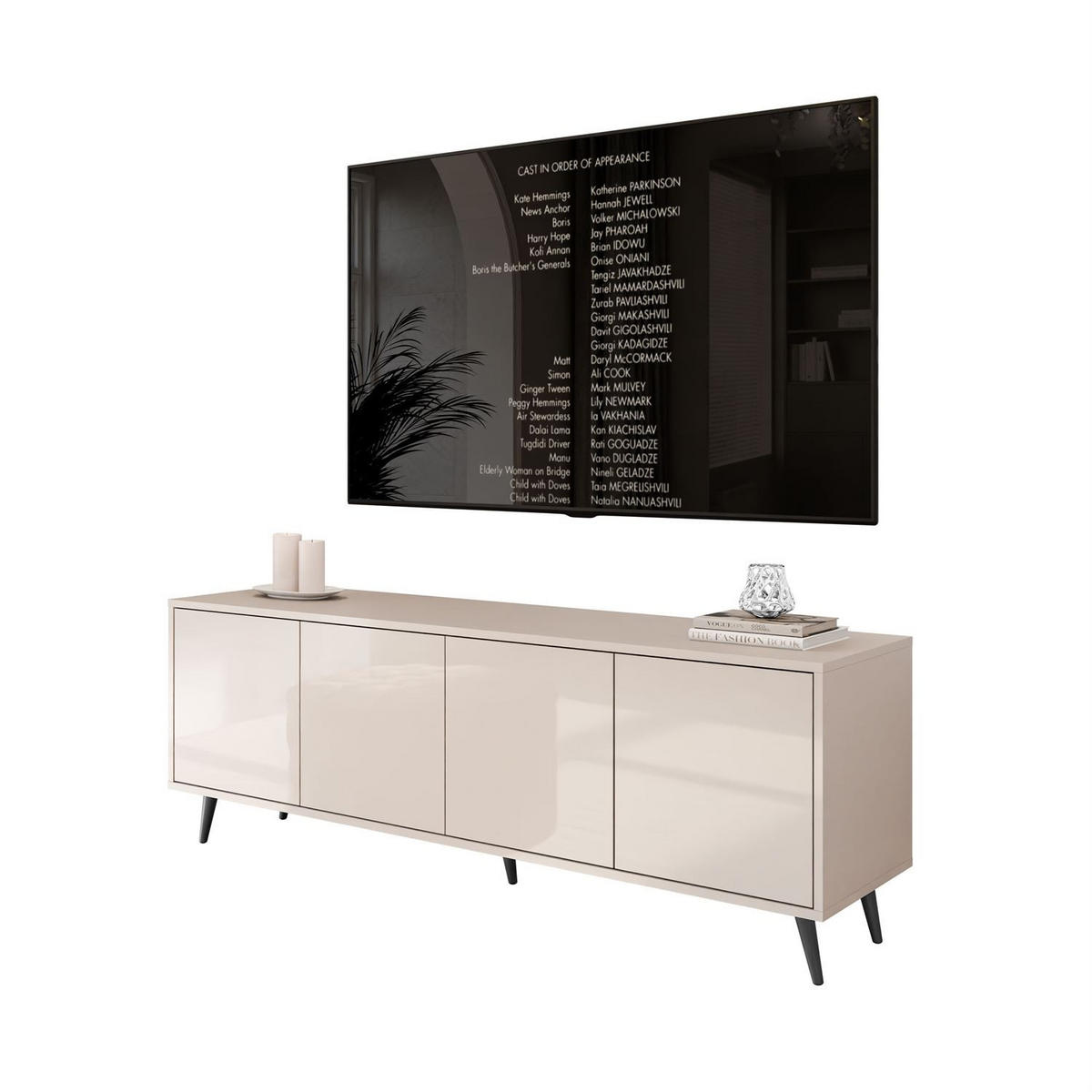 TV-SCHRANK SANAYI Kaschmir Hochglanz – schräge schwarze Beine - Kaschmir, Holzwerkstoff (156/54/38cm) - Lookway