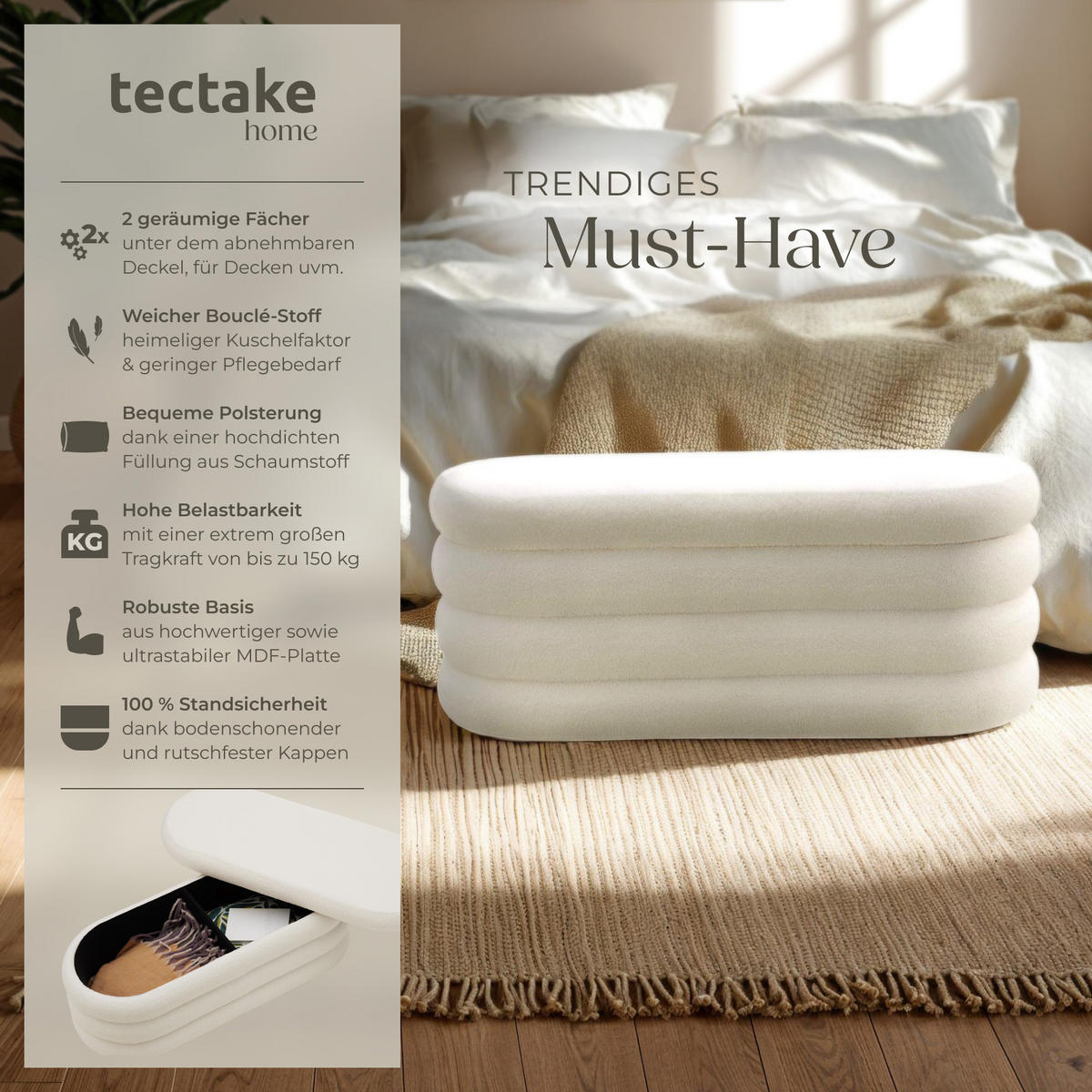 POLSTERBANK Altu,110 x 45 x 42 cm,Bouclé creme-weiß - Creme/Weiß, Holz (110/42/45cm) - tectake
