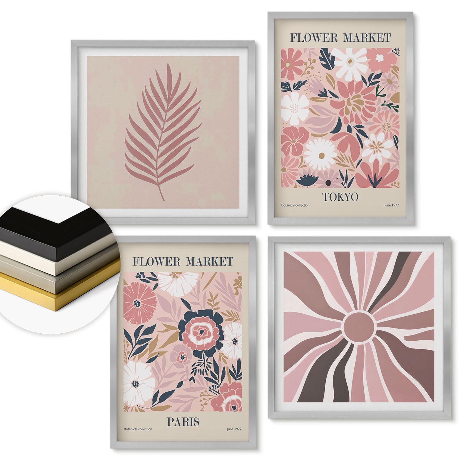 WANDBILDER 4er Set - 50x50 cm & 40x60 cm Silberner Rahmen - Blumenmuster, Blätter, Geometrie - Silberfarben, Kunststoff (50/50cm) - ArtPrintCave