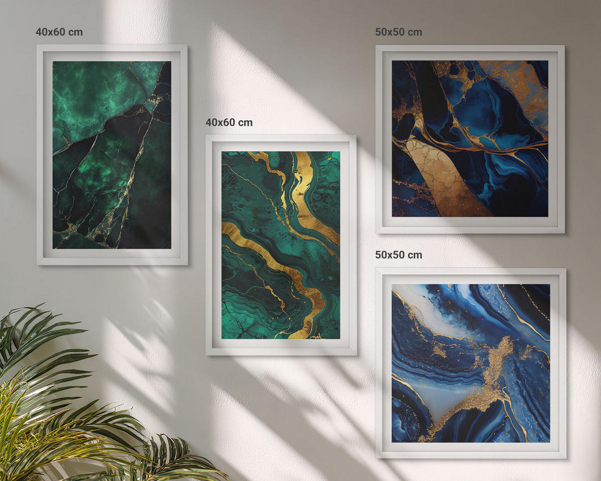 WANDBILDER 4er-Set - 50x50 cm & 40x60 cm Weißer Rahmen - Elegante Muster auf Steinen - Weiß, Kunststoff (50/50cm) - ArtPrintCave