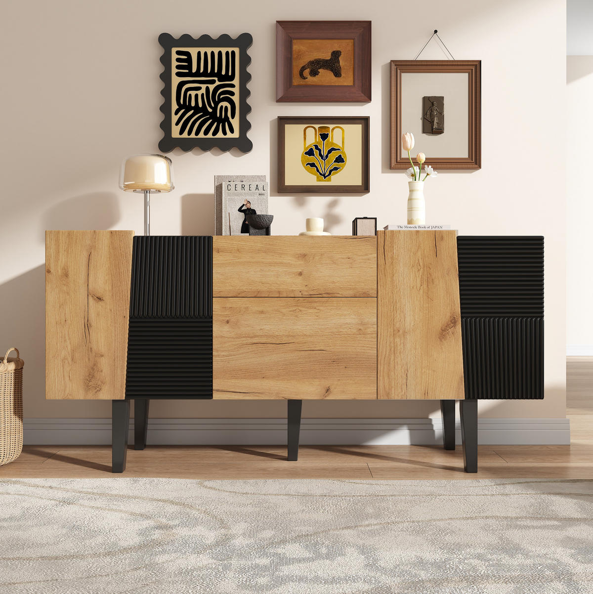 SIDEBOARD aus Spanplatte 40x140x70 cm Eichefarben mit 2 Schubladen, 4 Türen und höhenverstellbaren Einlegeböden - Eichefarben, Holzwerkstoff (40/70/140cm) - Modfu