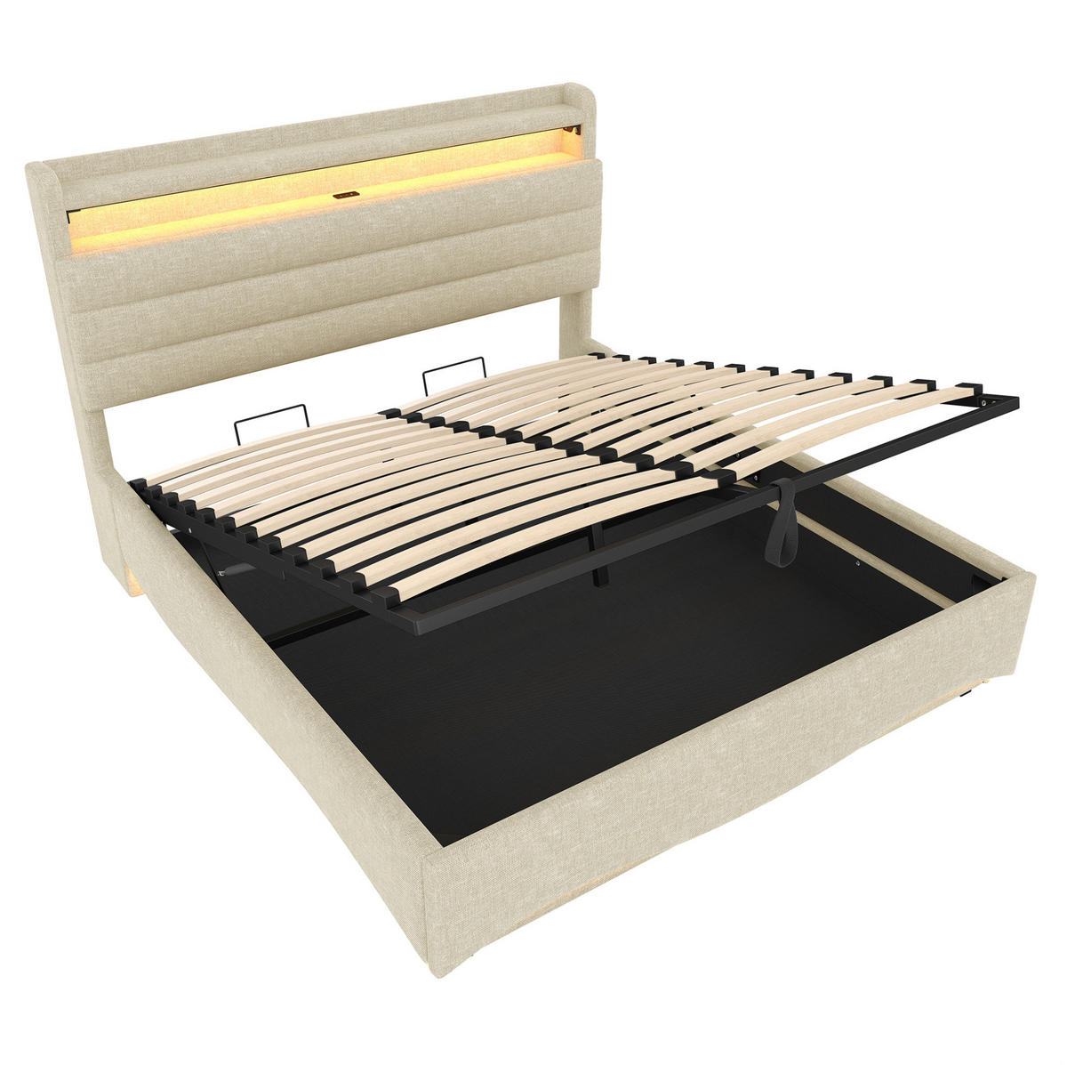 POLSTERBETT 140/200 cm grau aus Leinen mit LED und Stauraum - Grau, Textil (140/200cm) - OKWISH